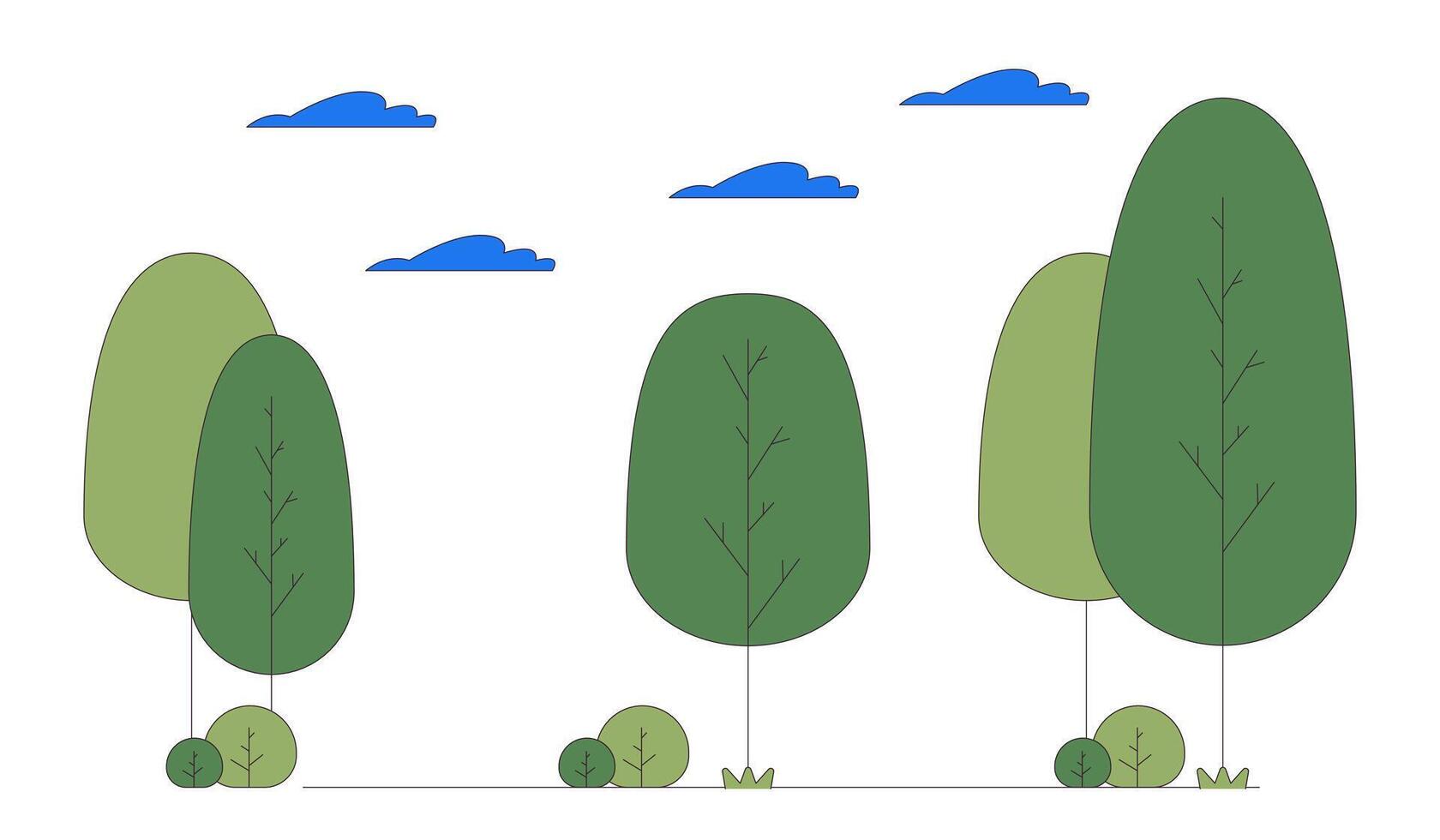 Trees and bushes in park line cartoon flat illustration. Young forest on summer day 2D lineart objects isolated on white background. Travelling to nature for relaxation scene color image vector