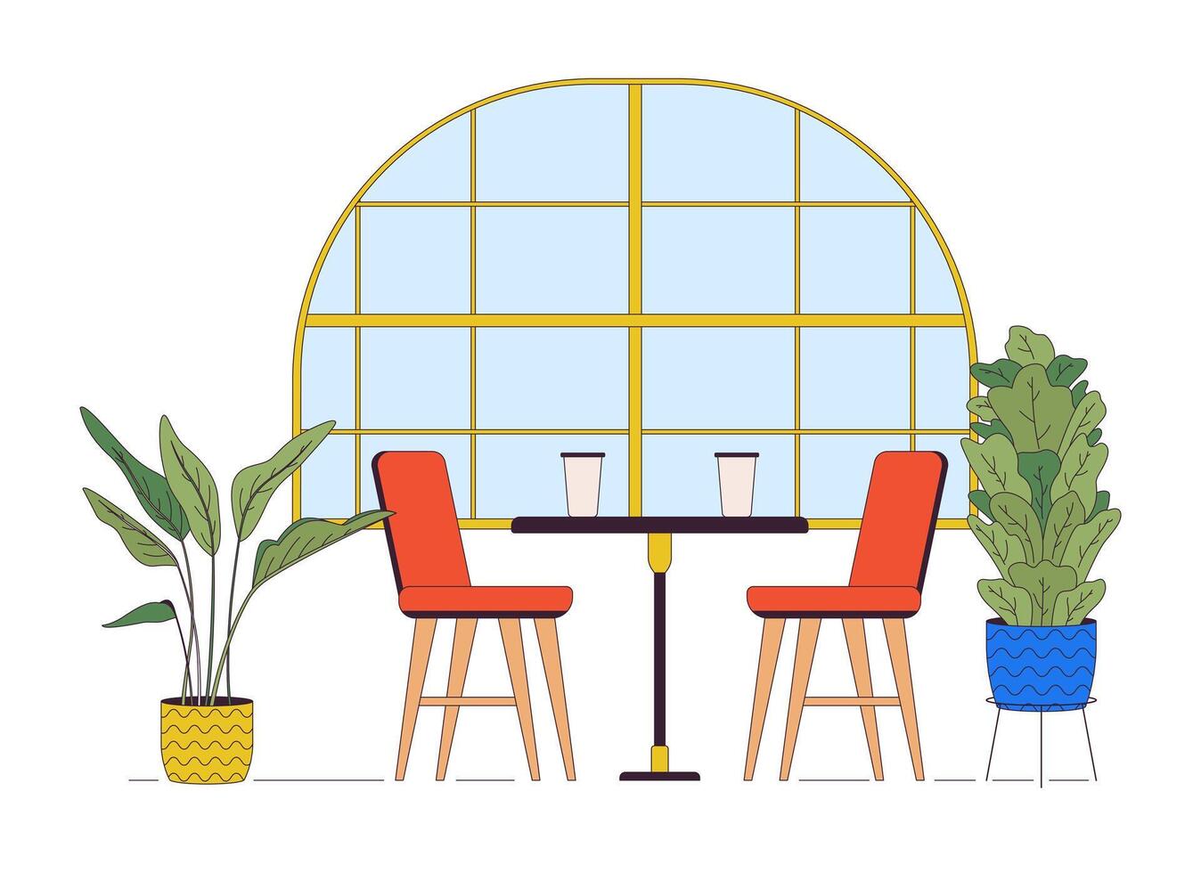 acogedor restaurante interior línea dibujos animados plano ilustración. mesa cerca ventana en cafetería 2d arte lineal objetos aislado en blanco antecedentes. cena a lujoso cafetería escena color imagen vector