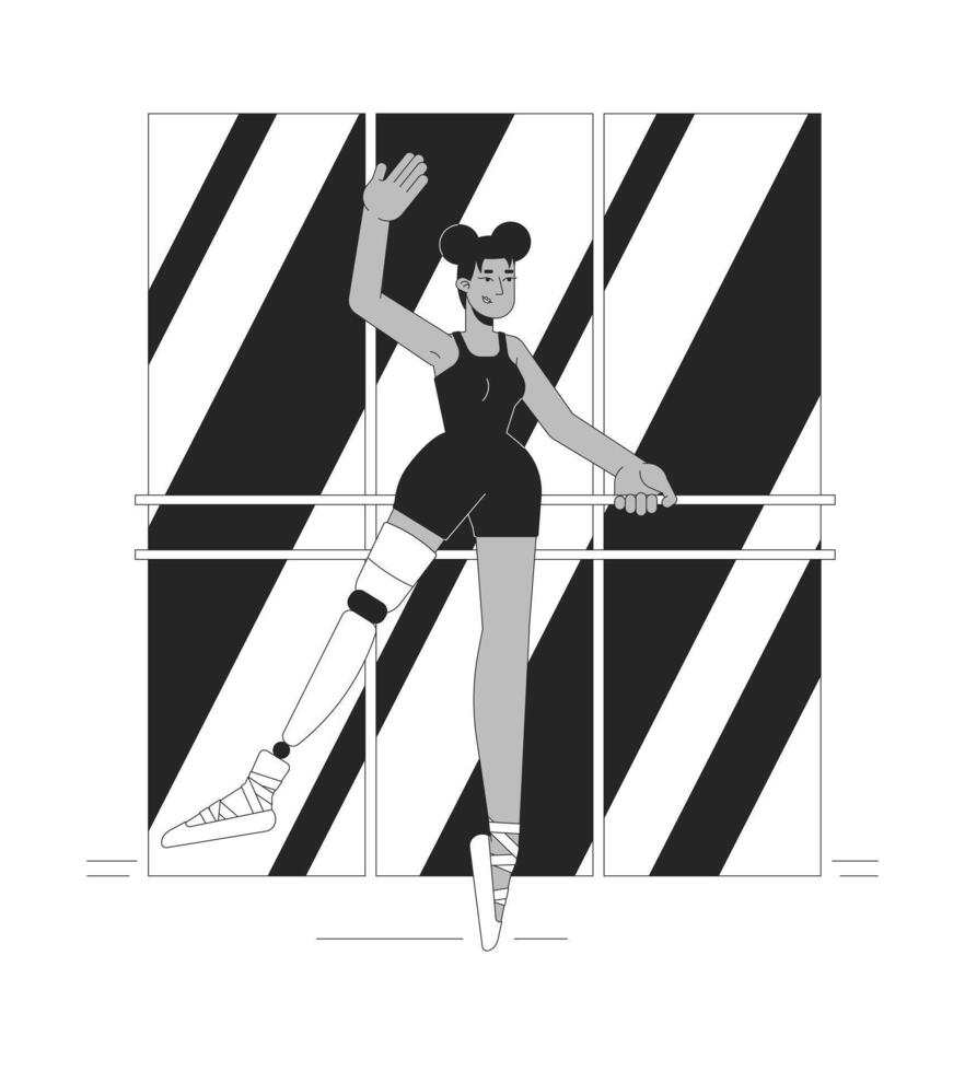 discapacitado bailarina línea negro y blanco línea ilustración. africano americano mujer con pierna prótesis bailando 2d arte lineal personaje aislado. invalidez bailarín monocromo escena contorno imagen vector