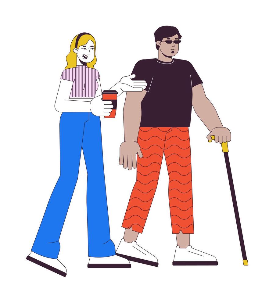 Diverse friends walking together 2D linear cartoon characters. Arab man with blindness and caucasian woman isolated line people white background. Inclusion color flat spot illustration vector