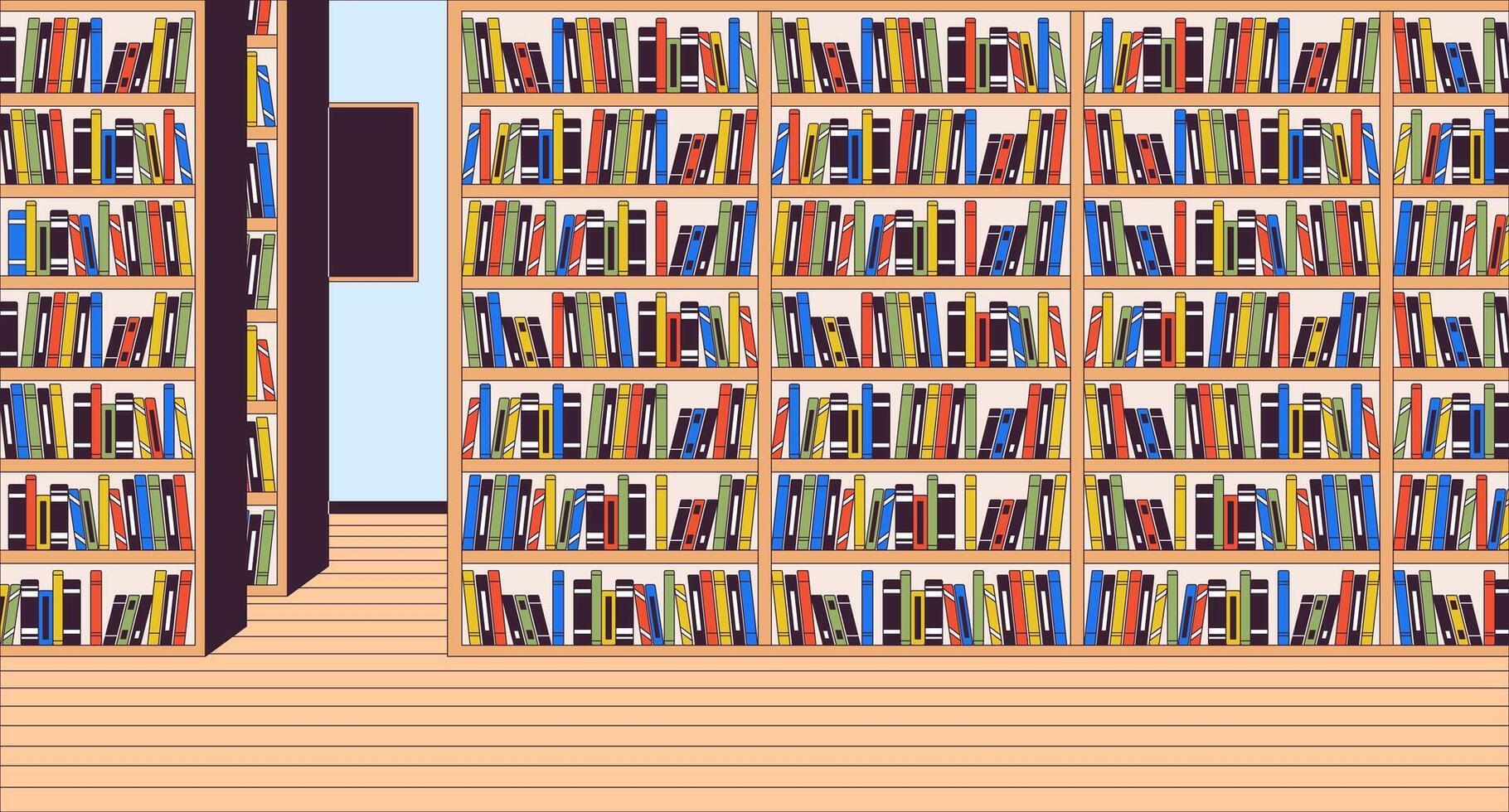 Public library interior cartoon flat illustration. Bookshelves with various literature in store 2D line interior colorful background. Bookshop with high racks scene storytelling image vector