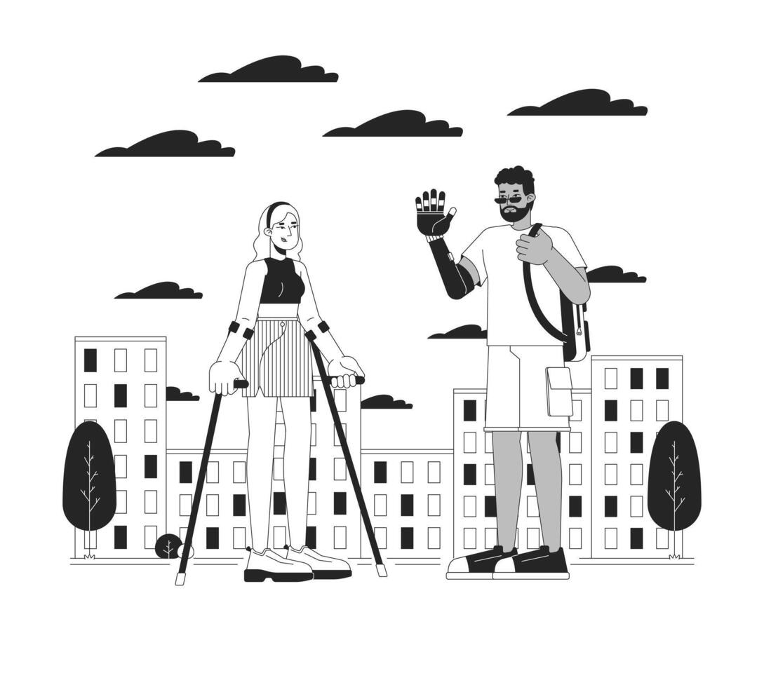 Disabled friends line black and white line illustration. Woman with crutches and man with arm prosthesis 2D lineart characters isolated. Communication monochrome scene outline image vector