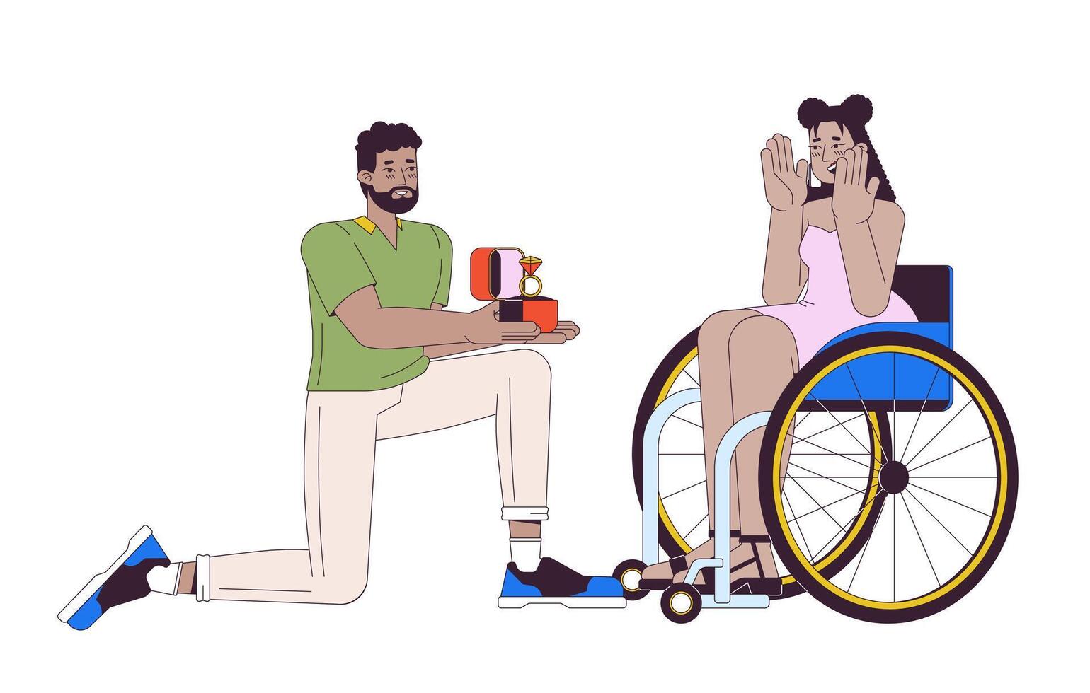 Black man proposing to hispanic woman with disability 2D linear cartoon characters. Diverse couple getting engaged isolated line people white background. Love color flat spot illustration vector