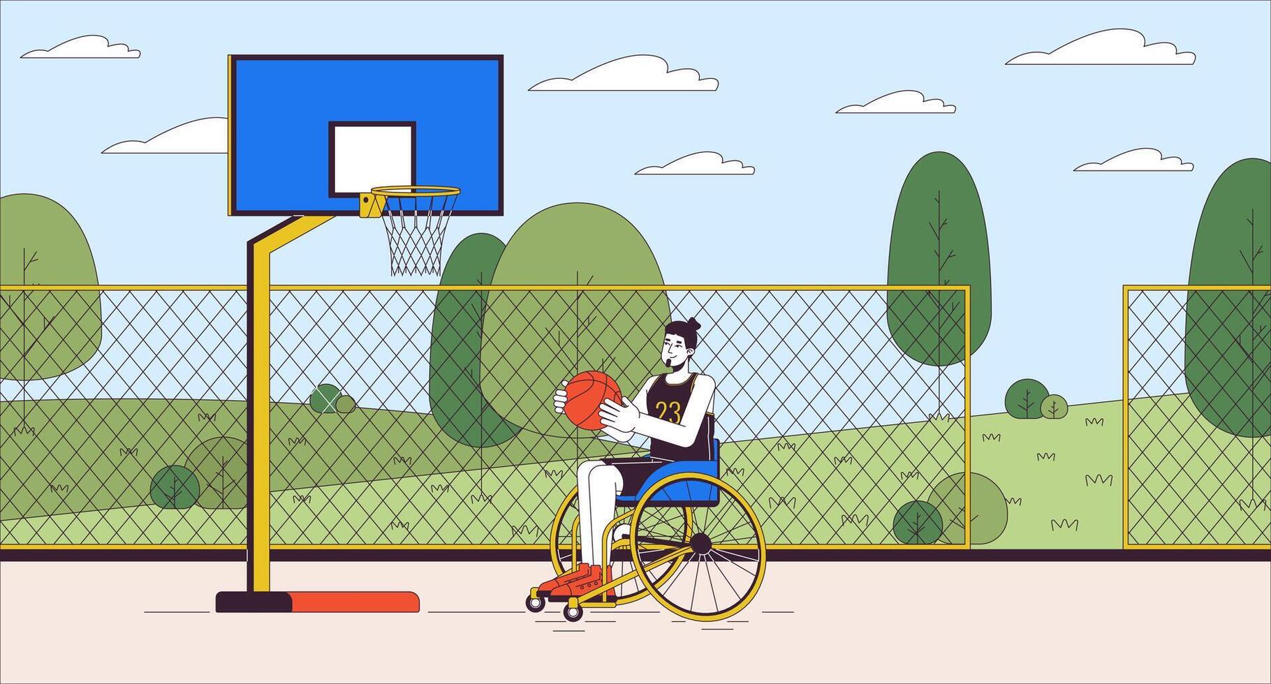 discapacitado baloncesto jugador hombre dibujos animados plano ilustración. en silla de ruedas caucásico masculino en Deportes suelo 2d línea personaje vistoso antecedentes. activo estilo de vida escena cuentacuentos imagen vector