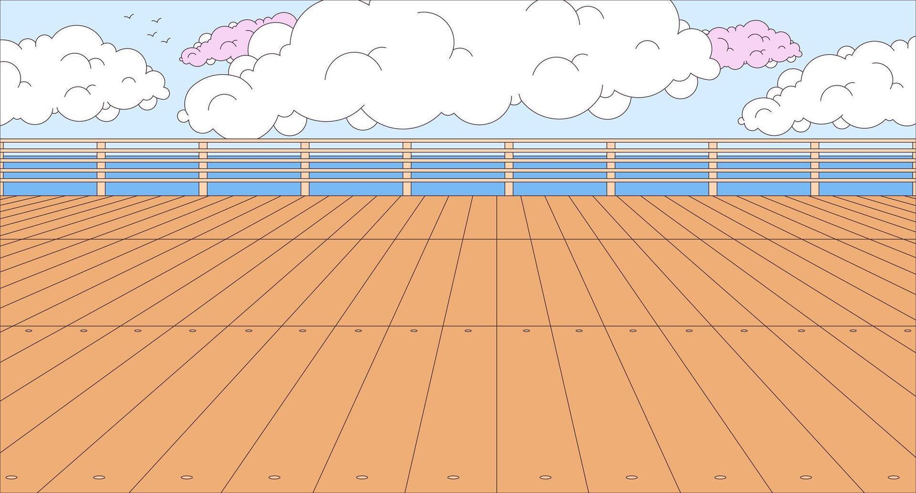 Empty wooden pier cartoon flat illustration. Place to rest. City embankment with spacious ground 2D line landscape colorful background. Waterfront on sea coast scene storytelling image vector