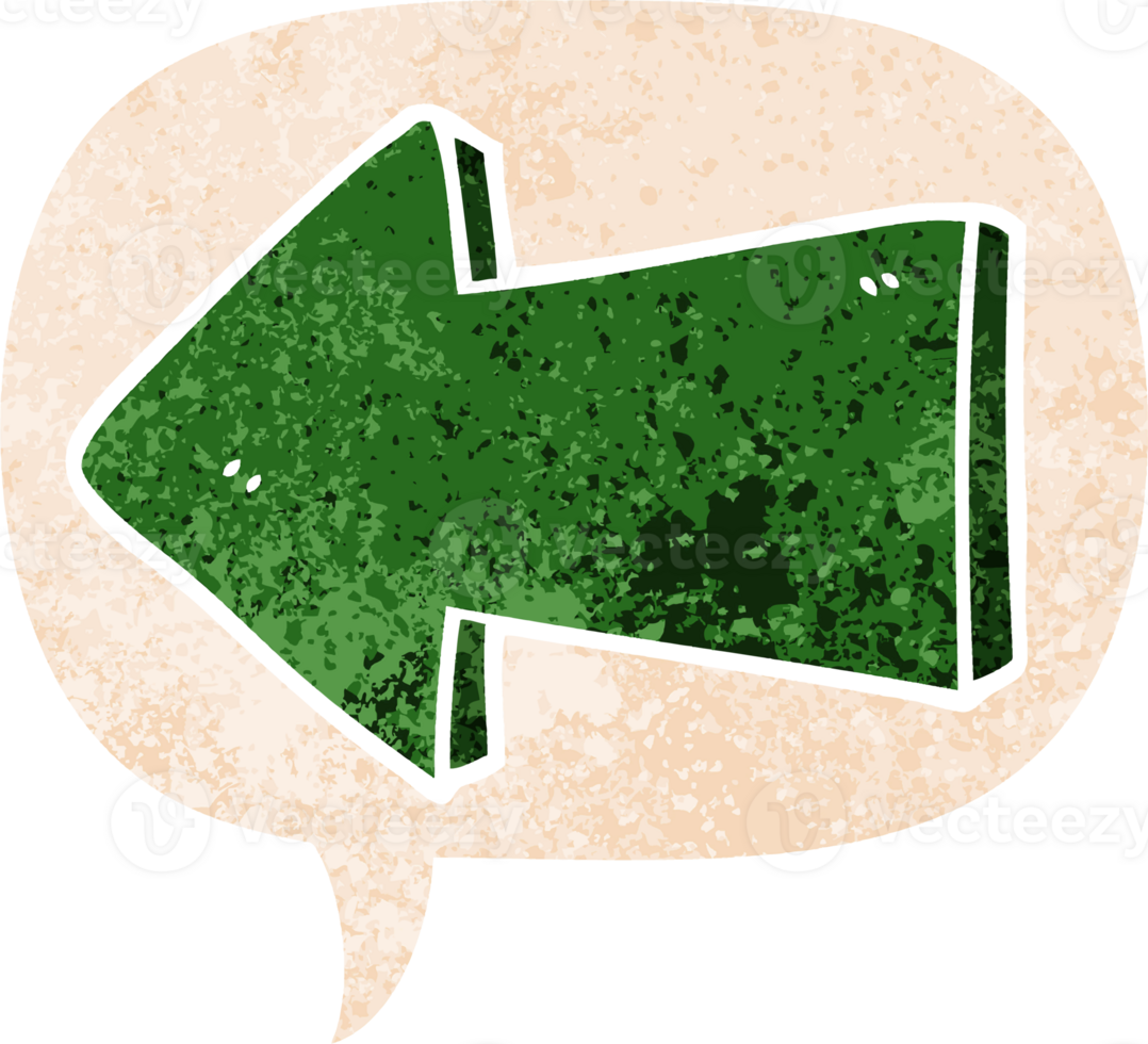 cartoon pointing arrow with speech bubble in grunge distressed retro textured style png