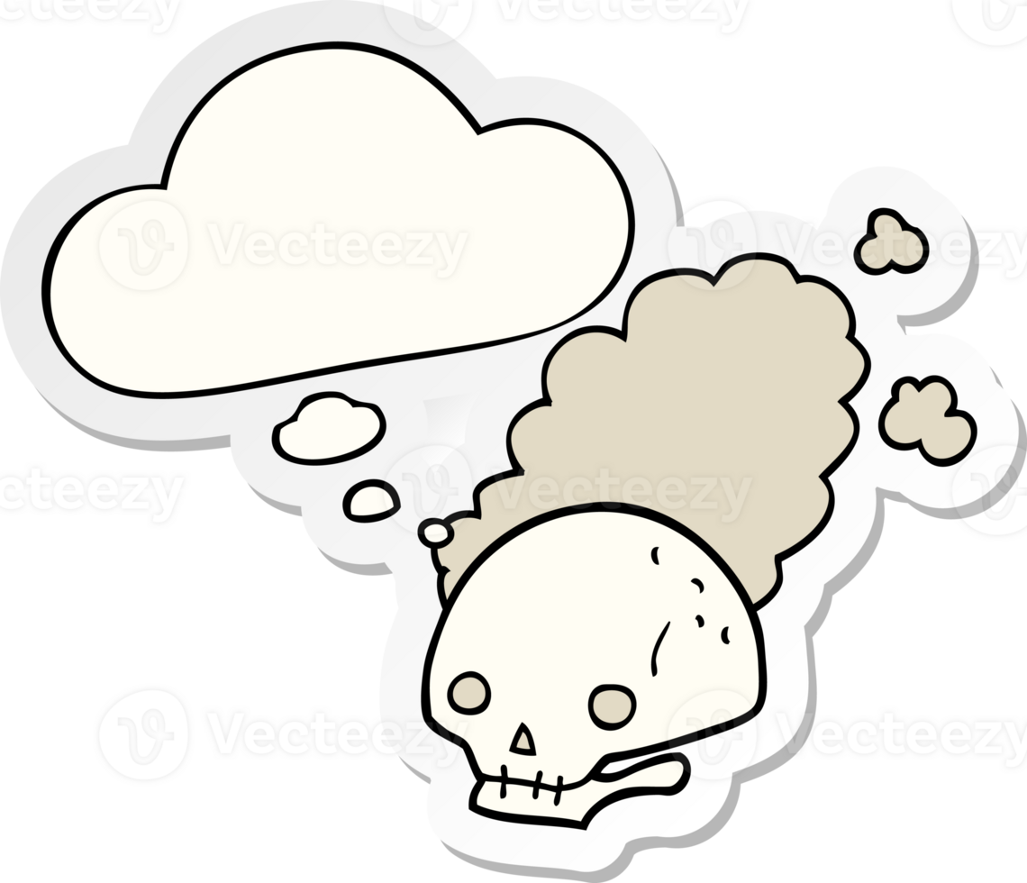 cartoon dusty old skull with thought bubble as a printed sticker png