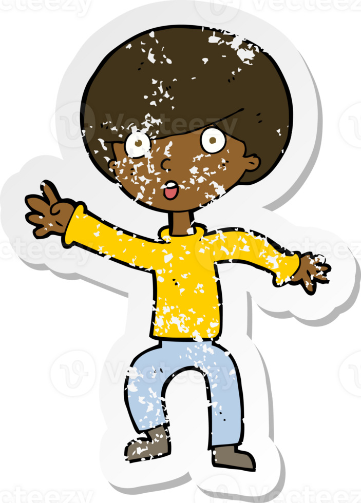 retro distressed sticker of a cartoon panicking boy png