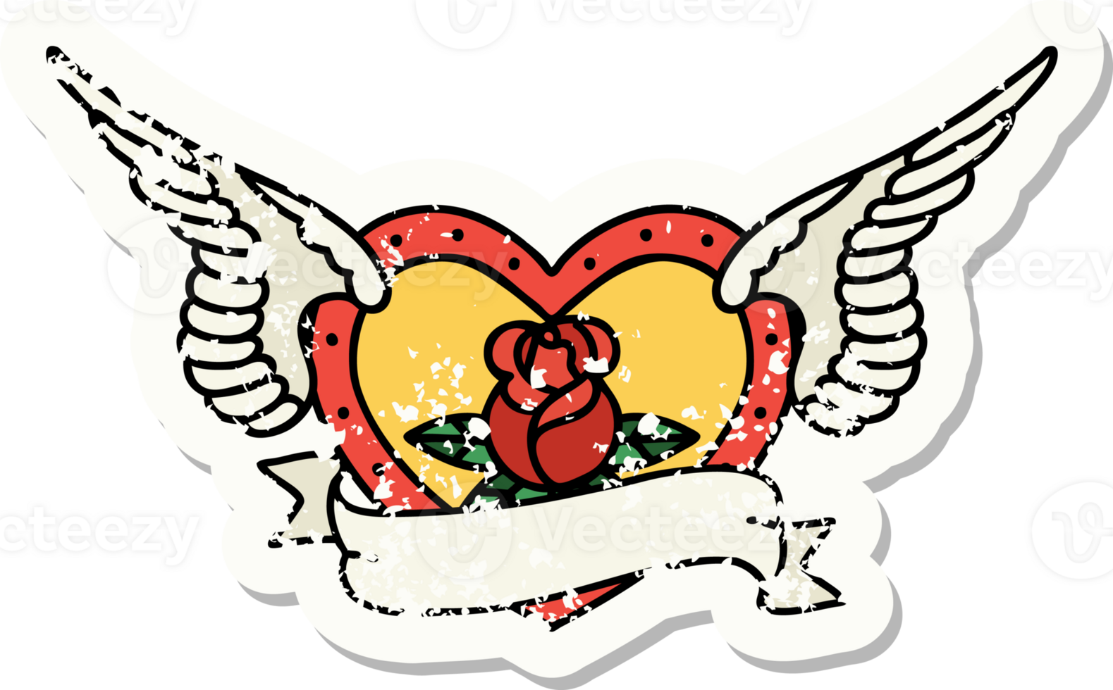 distressed sticker tattoo in traditional style of a flying heart with flowers and banner png