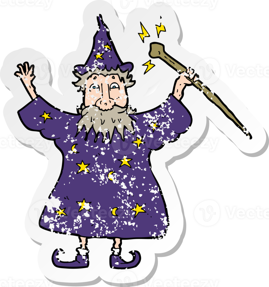 retro distressed sticker of a cartoon wizard png