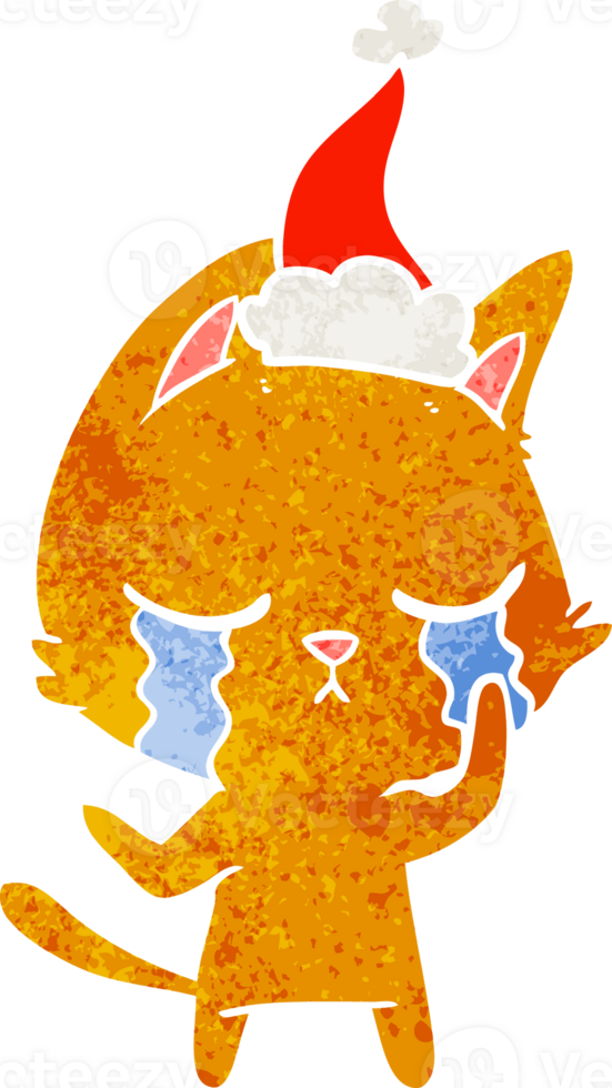 crying hand drawn retro cartoon of a cat wearing santa hat png
