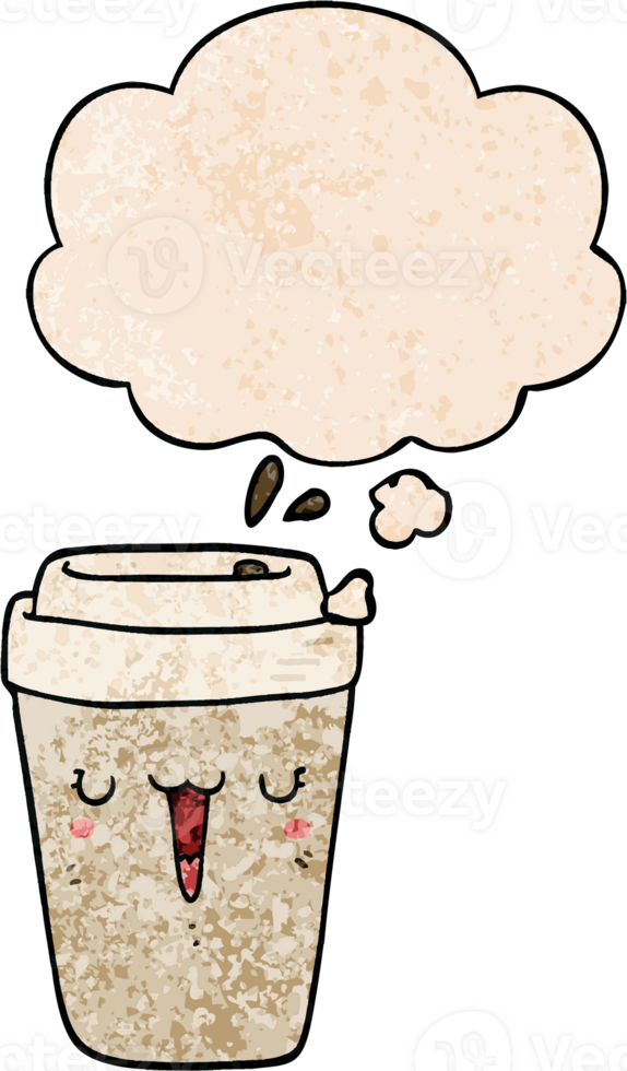 cartoon coffee cup with thought bubble in grunge texture style png