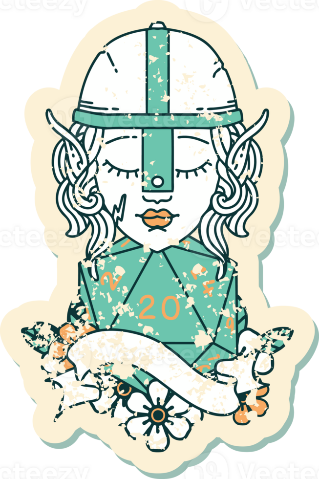Retro Tattoo Style elf fighter with natural twenty dice roll png