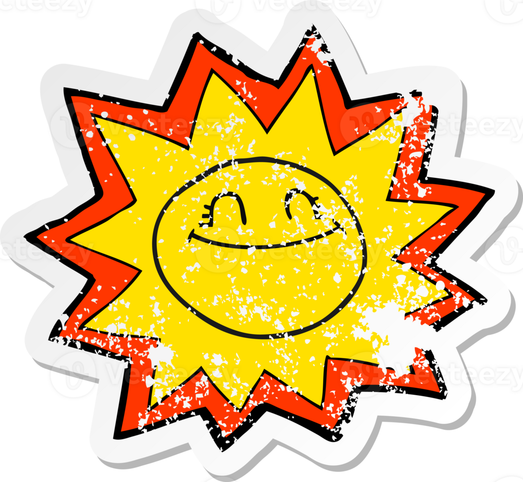 retro distressed sticker of a happy cartoon sun png