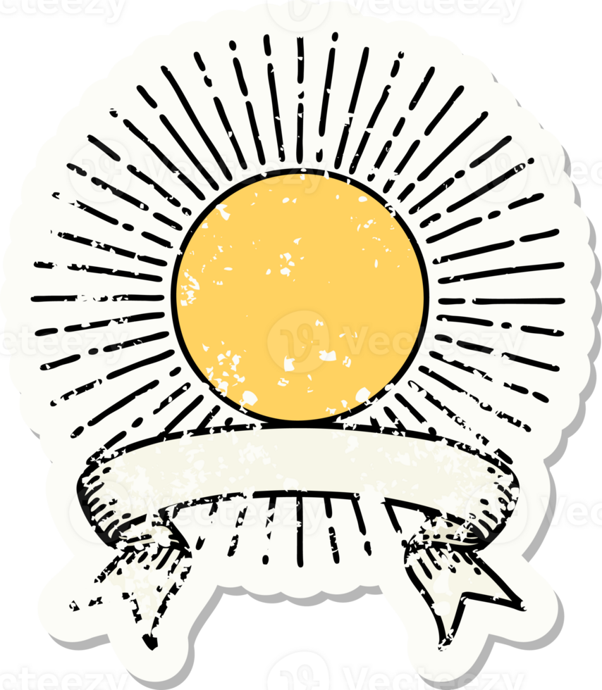 worn old sticker with banner of a sun png