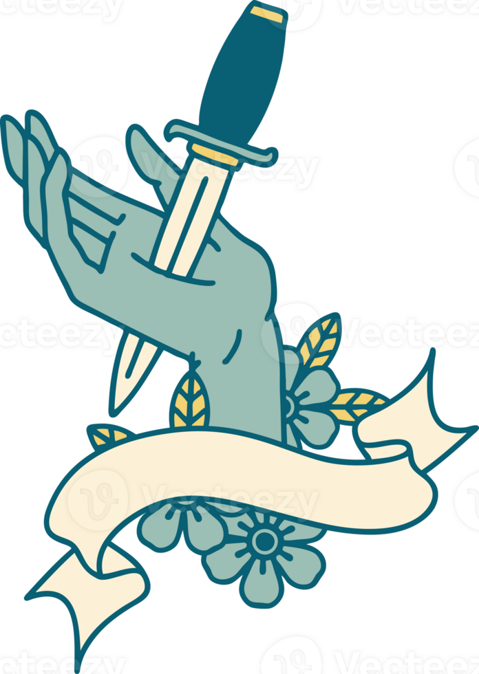 traditional tattoo with banner of a dagger in the hand png