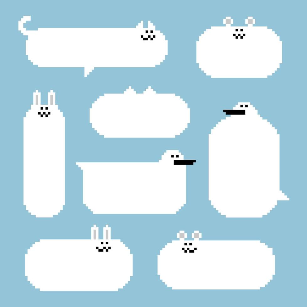 colección conjunto de retro juego 8 bits píxel Arte animal mascota gato pájaro Conejo oso texto caja memorándum habla burbuja globo negro y blanco color vector