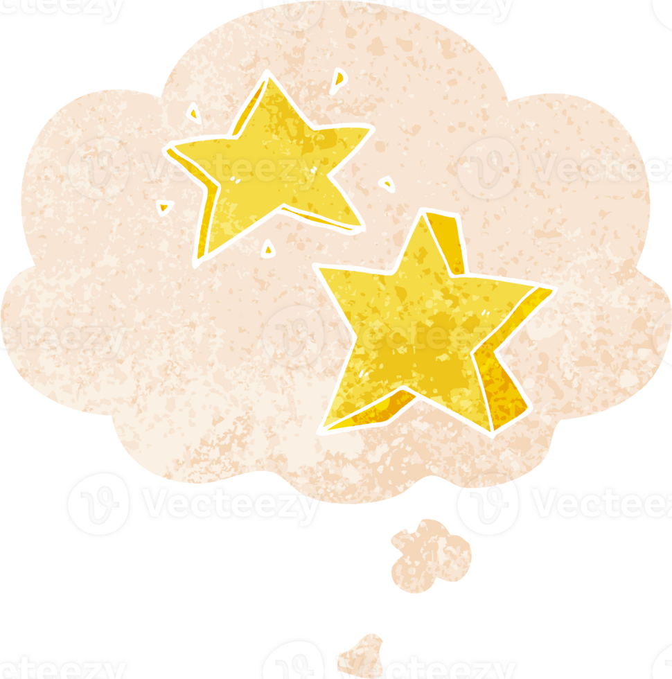 cartoon star with thought bubble in grunge distressed retro textured style png