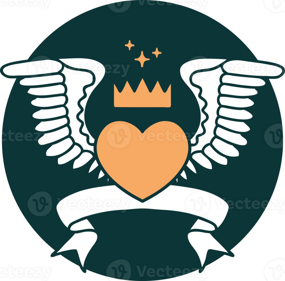 tattoo style icon with banner of a heart with wings png
