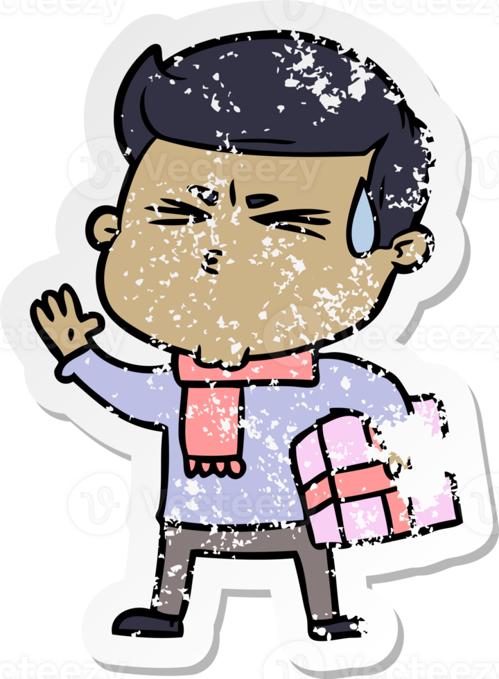 distressed sticker of a cartoon man sweating png