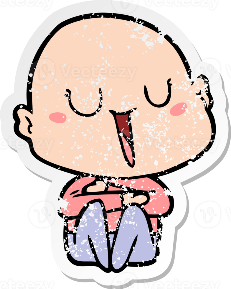 distressed sticker of a happy cartoon bald man png