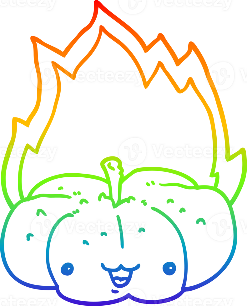 rainbow gradient line drawing of a cartoon flaming pumpkin png