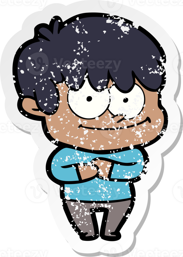 distressed sticker of a happy cartoon man png