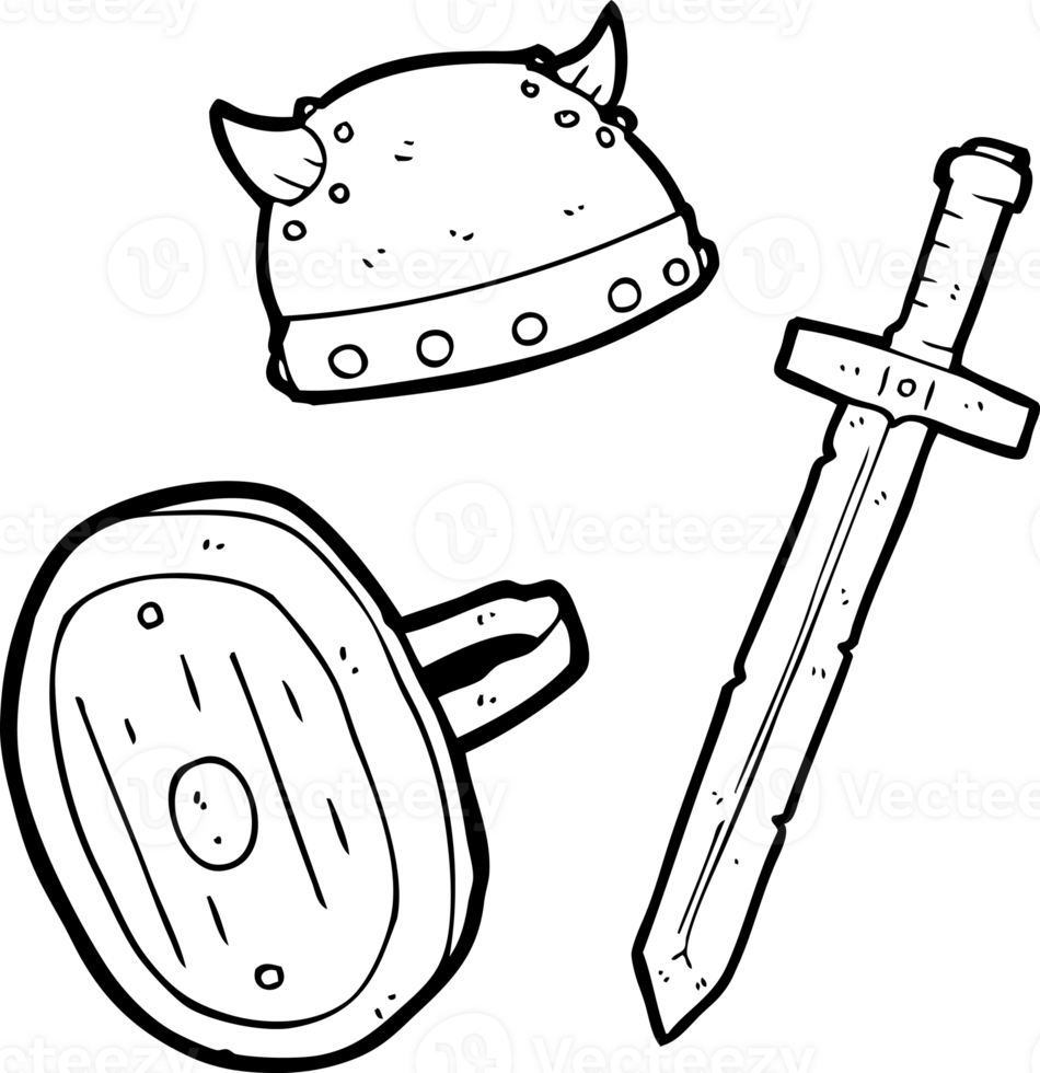 hand drawn black and white cartoon medieval warrior objects png
