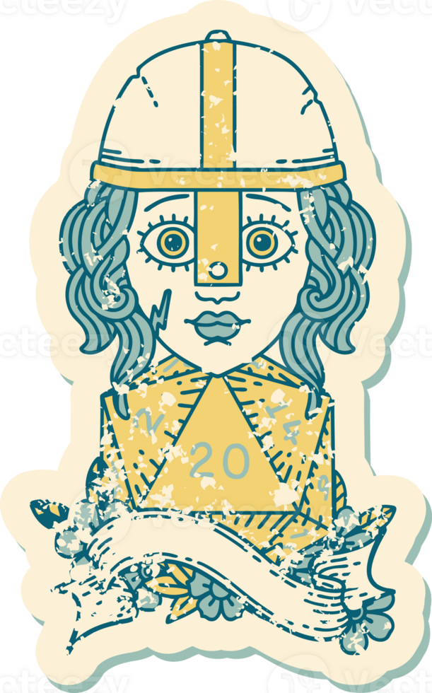 Retro Tattoo Style human fighter with natural twenty dice roll png