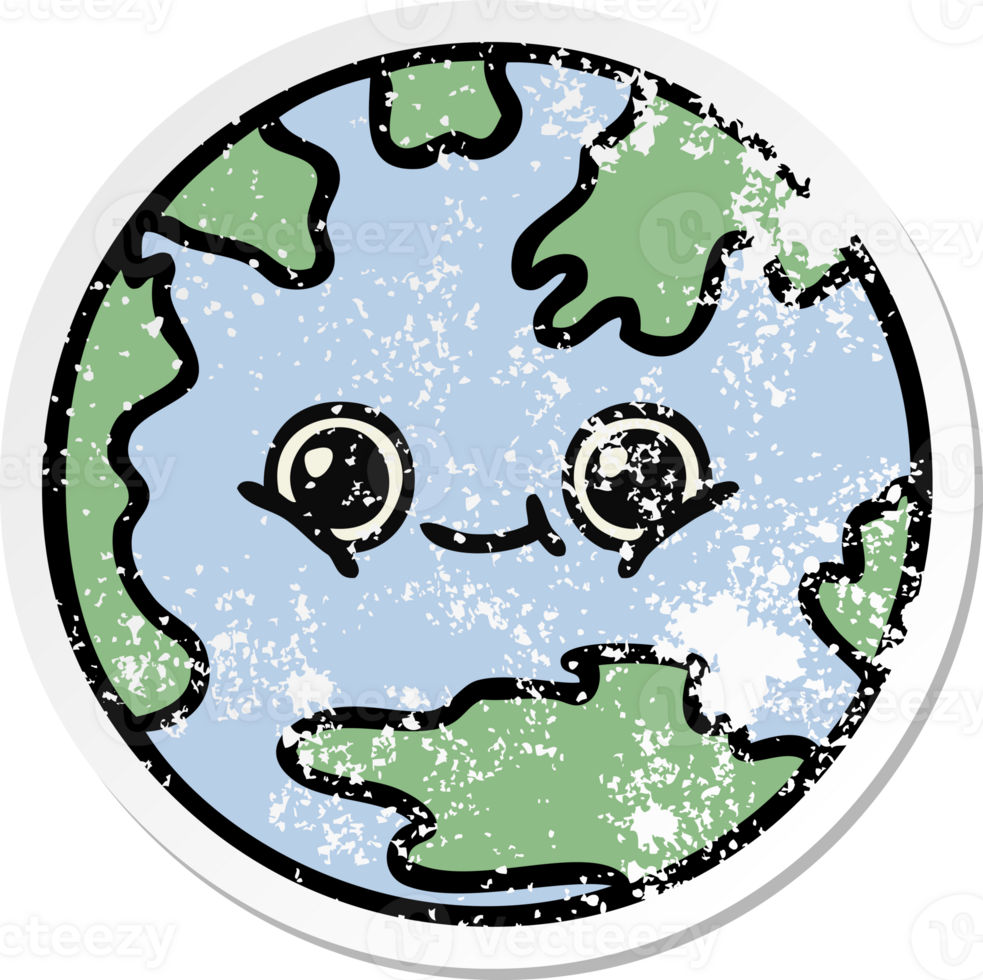 distressed sticker of a cute cartoon planet earth png