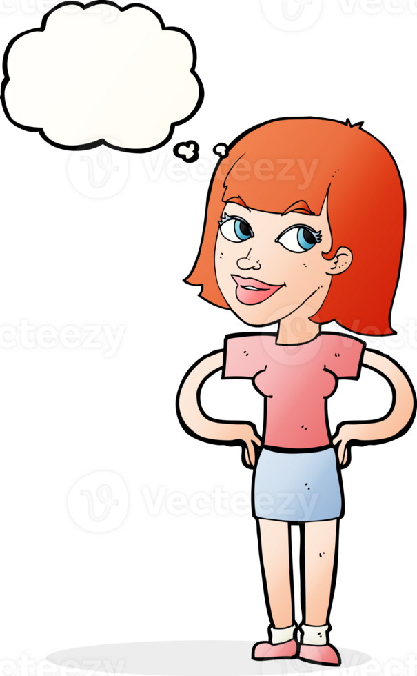 cartoon happy woman with hands on hips with thought bubble png
