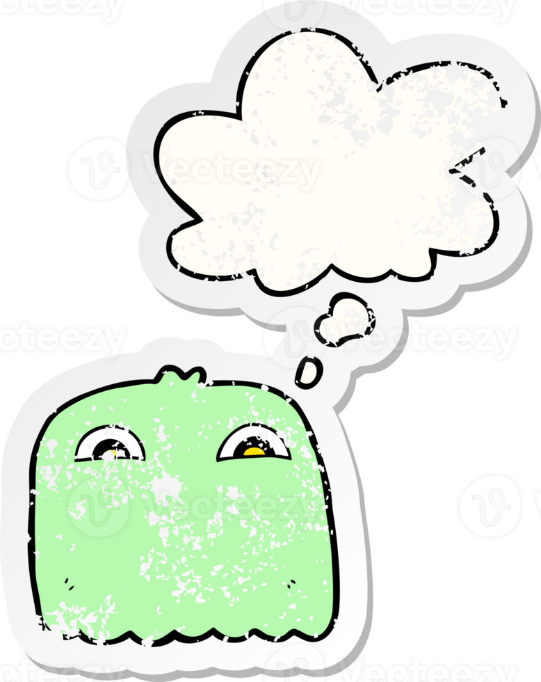 cartoon ghost with thought bubble as a distressed worn sticker png