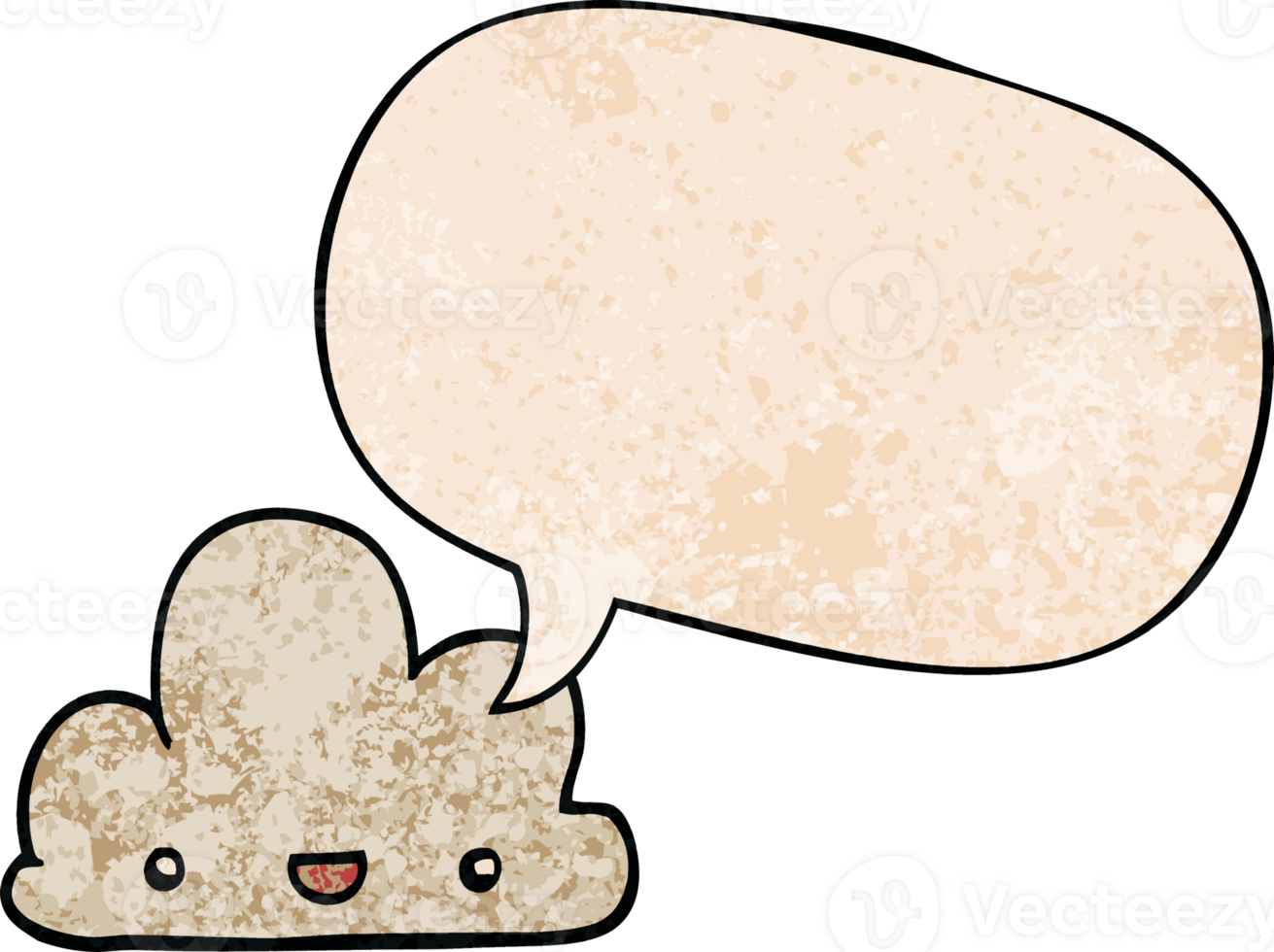 cartoon tiny happy cloud with speech bubble in retro texture style png