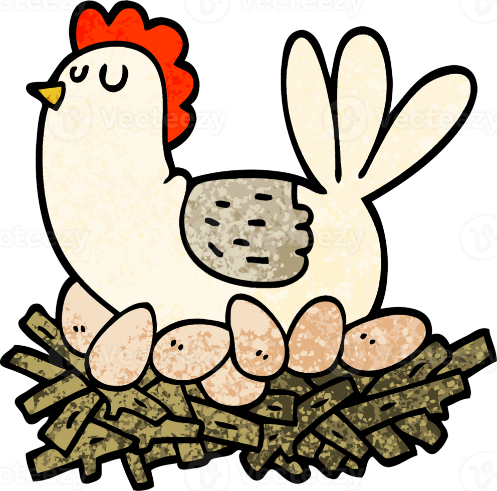 grunge textured illustration cartoon chicken on nest of eggs png