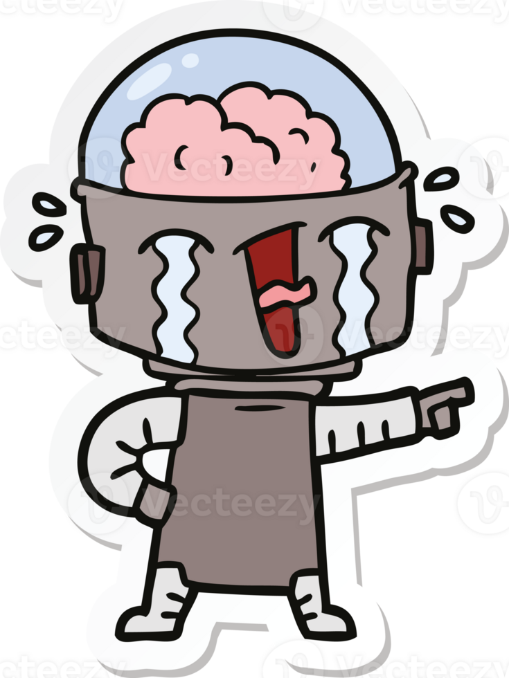 sticker of a cartoon crying robot pointing png