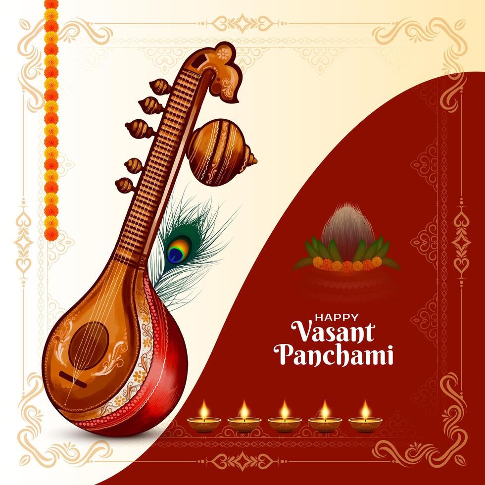 Beautiful Happy Vasant Panchami Indian festival card with Veena design vector