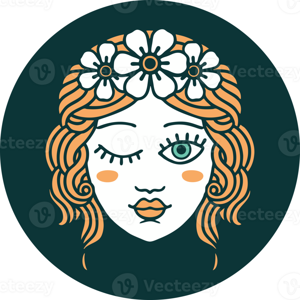 iconic tattoo style image of a maidens face winking png