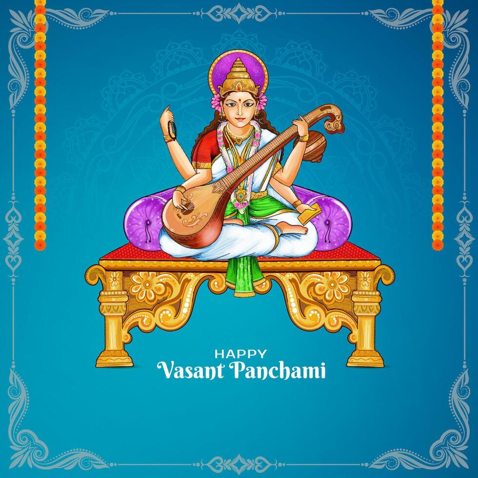 Happy Vasant Panchami religious festival with goddess Saraswati illustration vector