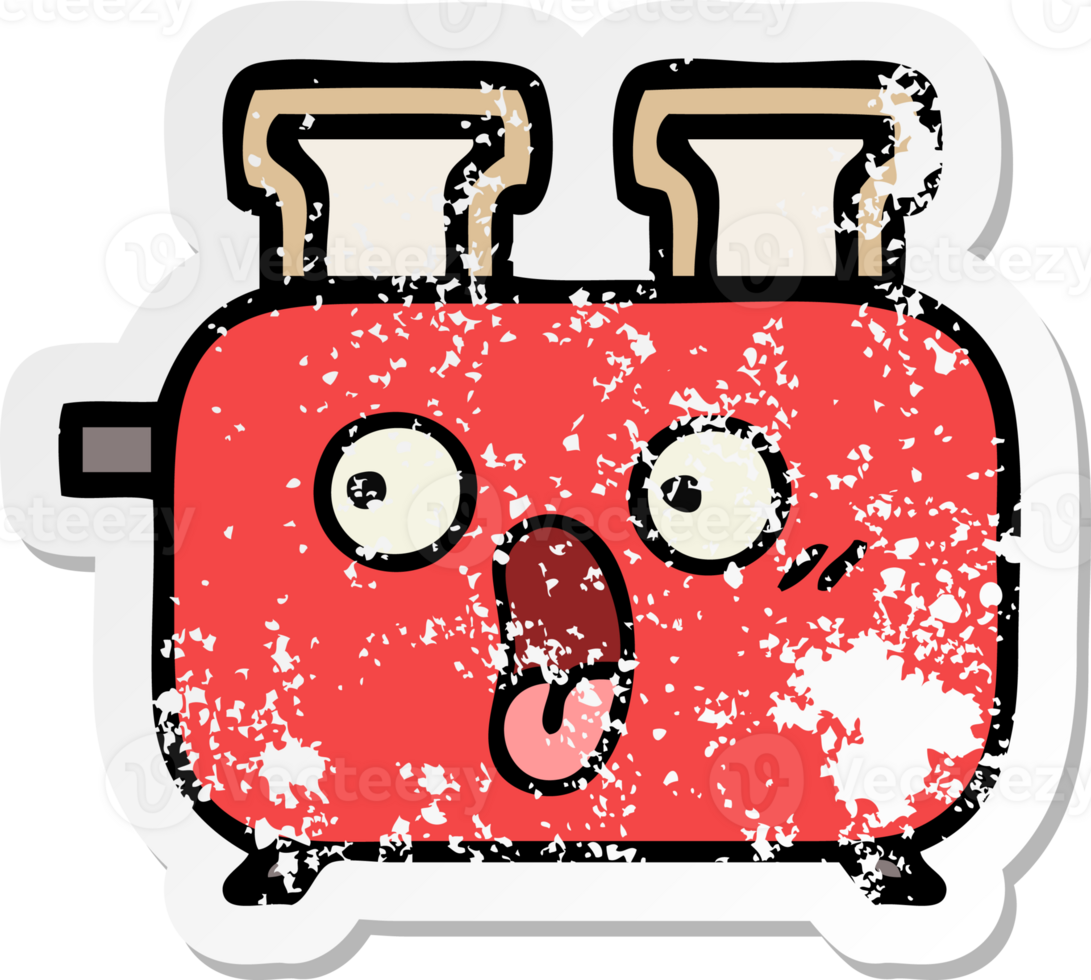 distressed sticker of a cute cartoon of a toaster png
