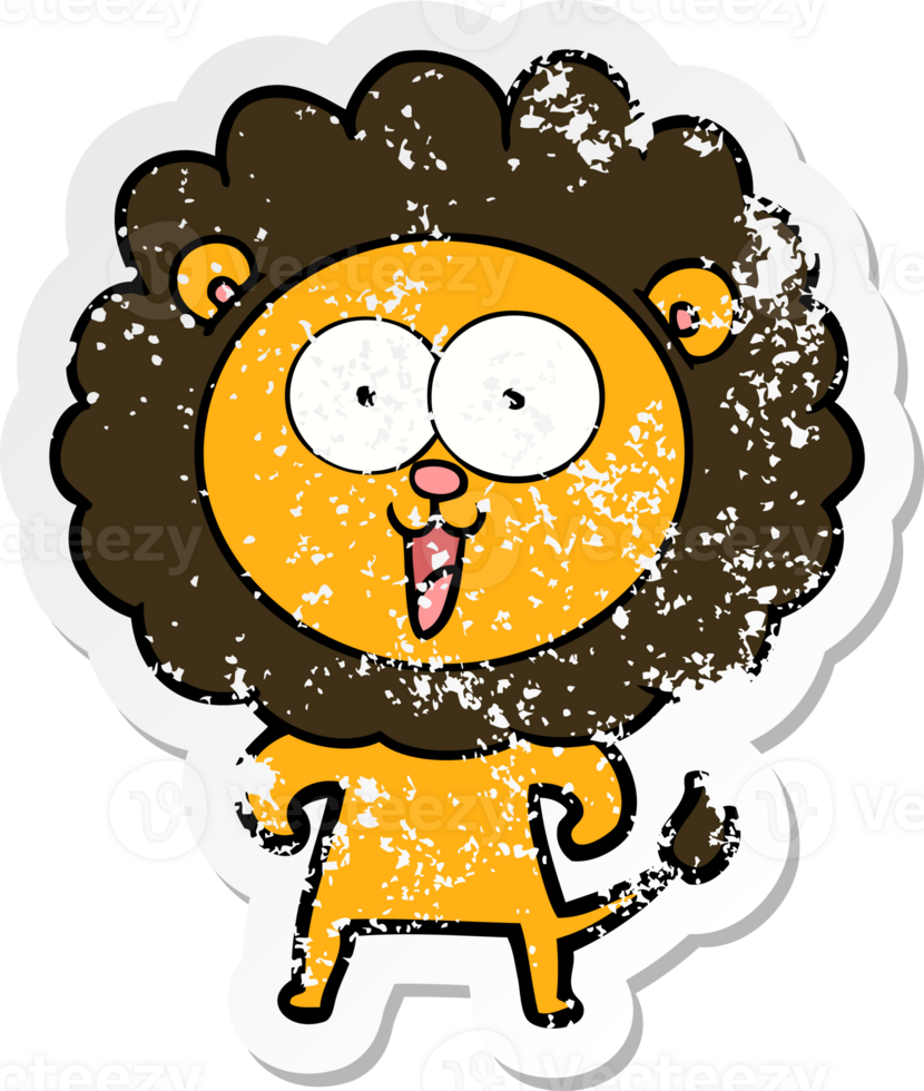 distressed sticker of a happy cartoon lion png