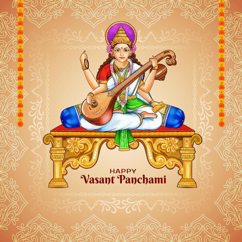Beautiful Happy Vasant Panchami festival card with goddess Saraswati design vector
