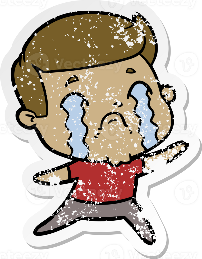 distressed sticker of a cartoon man crying png