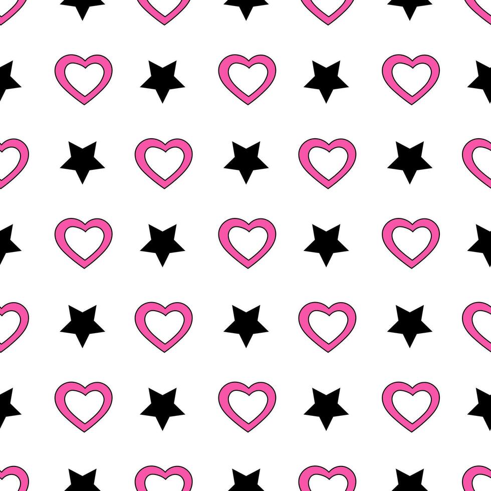 Y2k seamless pattern with abstract pink hearts and black stars. Emo 2000s style. flat background. vector