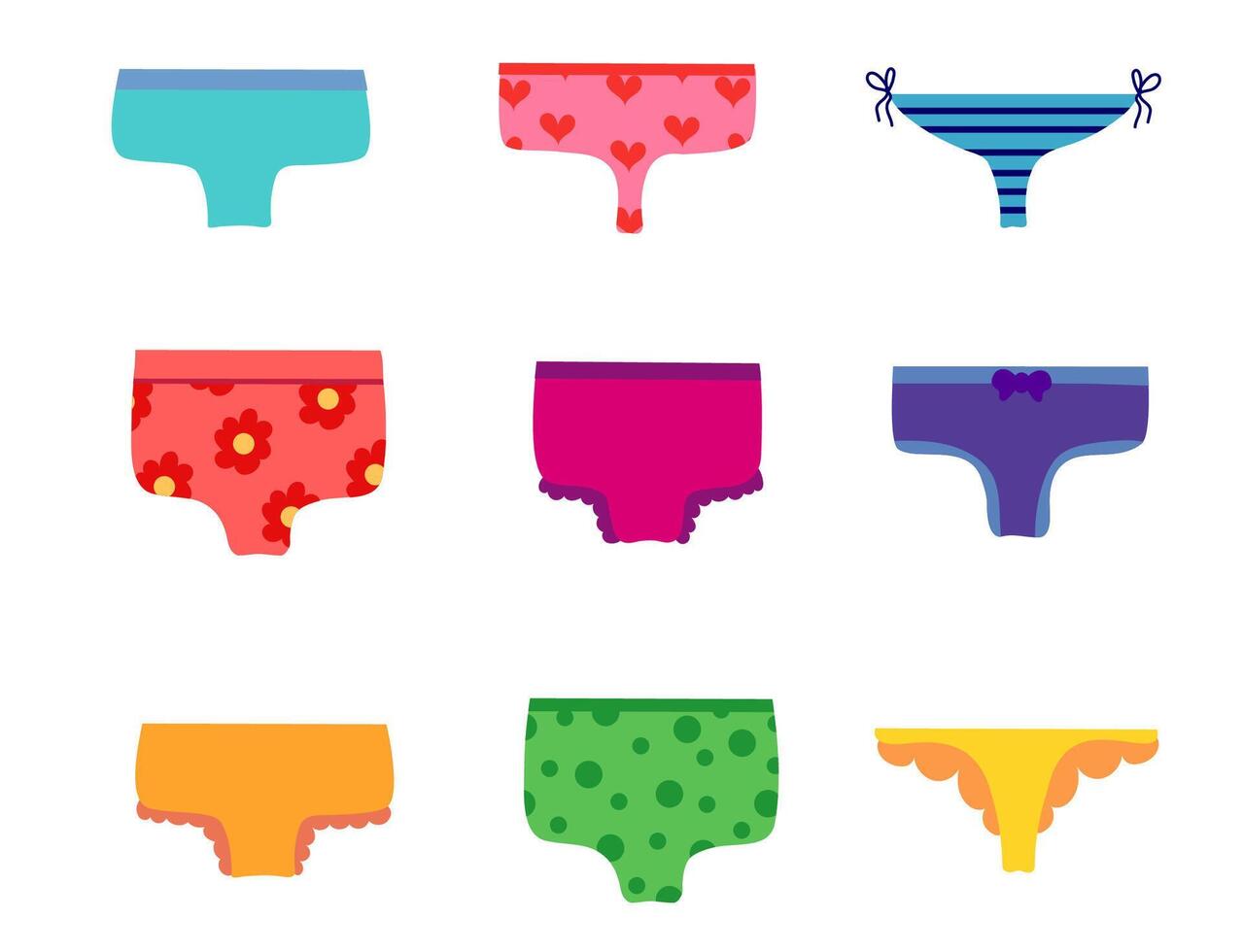 Set of women panties, underwear types string, thong, tanga, bikini. Cheeky, hipster, classic brief, slip, retro high waist or slimming underclothing collection. Cartoon Flat illustration. vector