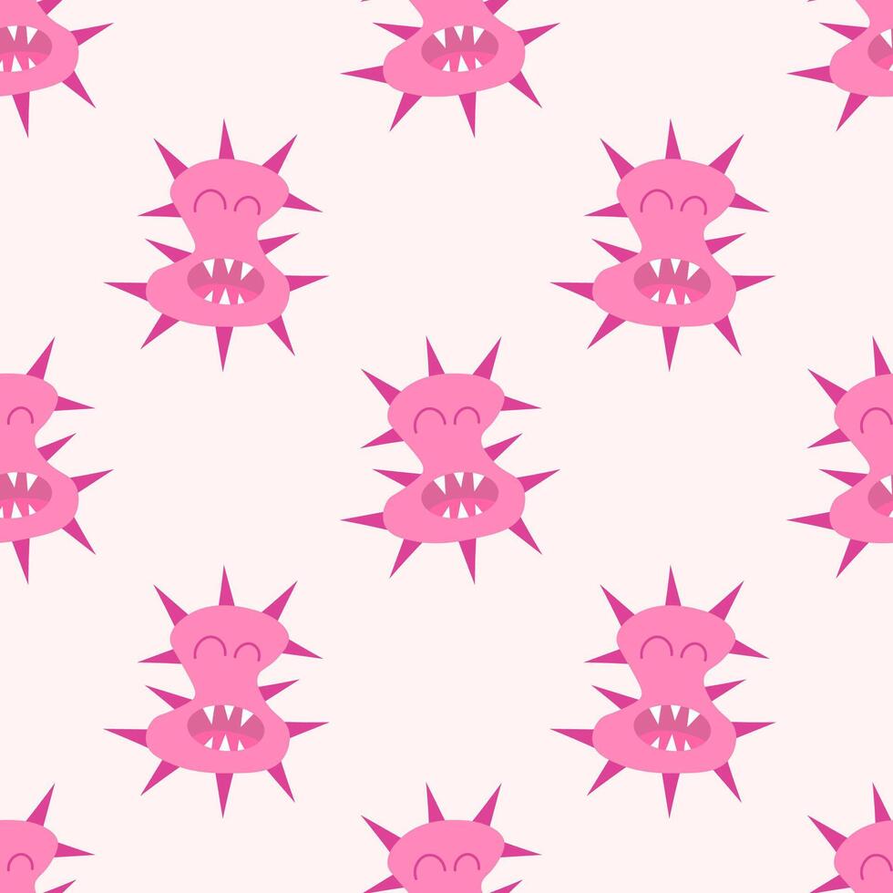 Seamless Pattern with Cute cartoon character virus, bacteria, microbe. Microbiology organism funny face wallpaper. Mascot expressing emotion background. children illustration in flat design. vector