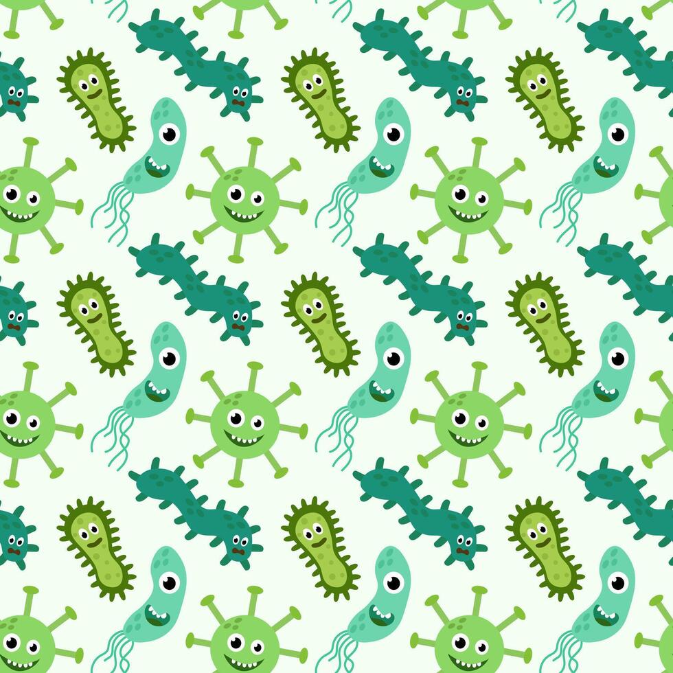 Seamless Pattern with Cute cartoon characters virus, bacteria, microbe. Microbiology organisms funny face wallpaper. Mascot expressing emotion background. children illustration in flat design. vector
