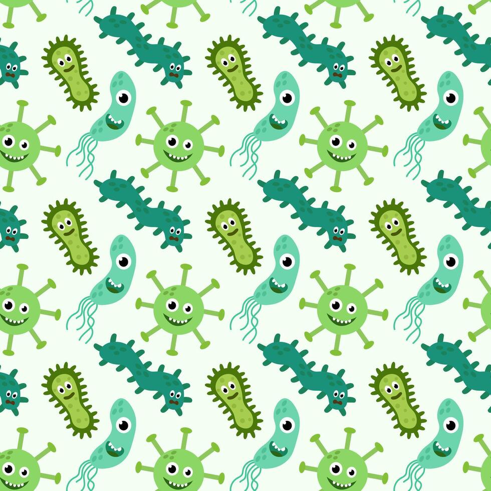 sin costura modelo con linda dibujos animados caracteres virus, bacterias, microbio. microbiología organismos gracioso cara fondo de pantalla. mascota expresando emoción antecedentes. niños ilustración en plano diseño. vector