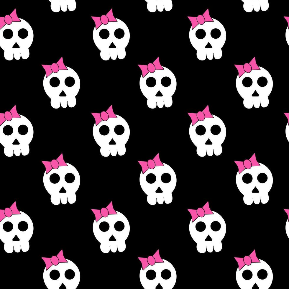 Seamless Emo Pattern. Cute skull with bow. Y2k style. Black and pink. 2000s design. flat illustration. vector