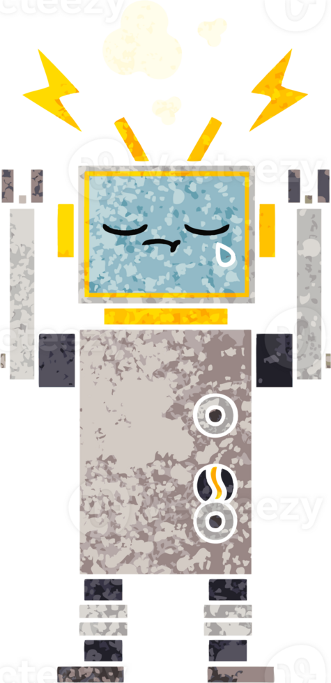 retro illustration style cartoon of a crying robot png