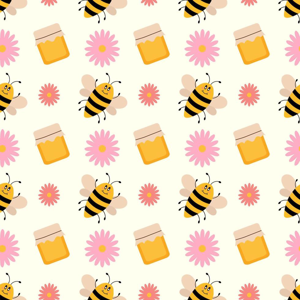 cute cartoon seamless pattern with bee, honey jar and flowers. Funny bees background. flat illustration. vector